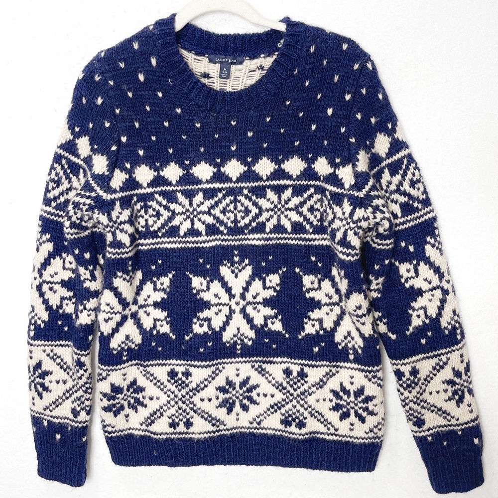 Lands’ End Snowflake Sweater Wool Blend Navy White Thick Size Medium